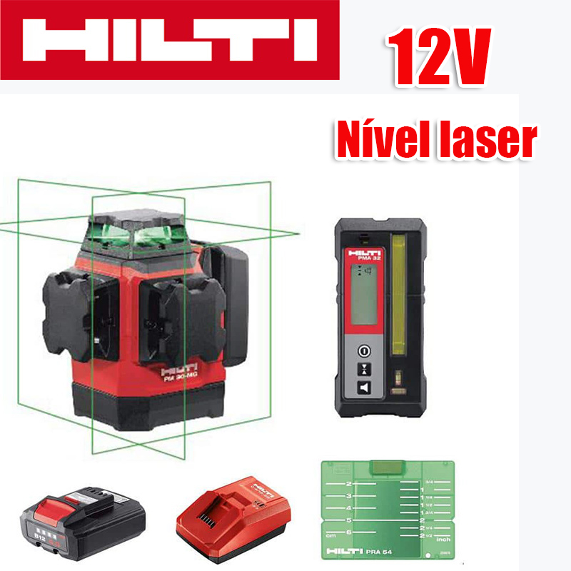 Nível laser verde de 8 linhas (nível Hilti, carregador, bateria, controlo remoto, alvo laser, bolsa de espuma de esponja), bateria de lítio de 12 V, 12 horas de utilização contínua, claramente visível a 60 metros sob a luz solar