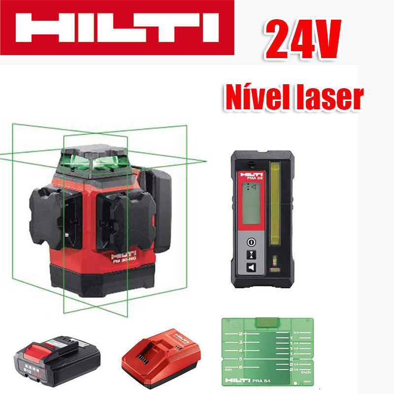 Nível laser verde de 12 linhas (nível Hilti, carregador, bateria, controlo remoto, alvo laser, bolsa de espuma de esponja), bateria de lítio de 24 V, utilização contínua de 24 horas, claramente visível a 90 metros sob a luz solar