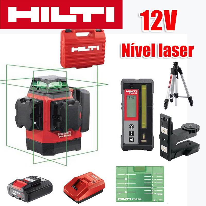 Nível laser verde de 8 linhas (nível Hilti, carregador, bateria, controlo remoto, alvo laser, suporte *2, caixa de plástico), bateria de lítio de 12 V, 12 horas de utilização contínua, claramente visível a 60 metros sob a luz solar