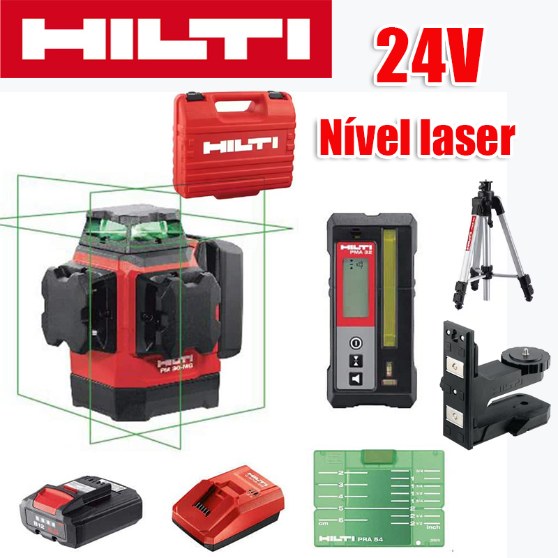 Nível laser verde de 12 linhas (nível Hilti, carregador, bateria, controlo remoto, alvo laser, suporte *2, caixa de plástico), bateria de lítio de 24 V, utilização contínua de 24 horas, claramente visível a 90 metros sob a luz solar