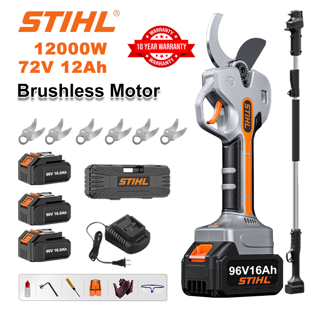 [Haste de extensão 1,5~5m] Tesoura de poda com bateria de lítio sem escova de 12000 W + bateria de 78 V12 Ah * 3 + lâmina de liga sk9 * 6 + carregador + display de energia LED + caixa de ferramentas + óleo lubrificante + óculos de proteção + garantia de 10 anos